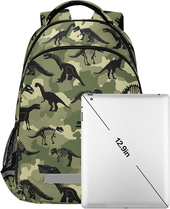 MNSRUU School Backpack with Chest Strap, Dinosaur Camouflage Pattern Laptop Backpack, Travel Hiking Backpack for Boys Girls, Rucksack, Knapsack