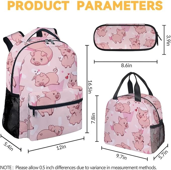 AIOMXZZ Pig Backpack with Lunch Box and Pencil Case, 16 Inch Cute Pig Bookbag Durable, Lightweight, Large Capacity, Funny Animal Backpack for School Girls Kids Women