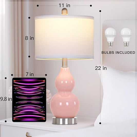luxeflow 22" Double Gourd Ceramic Table Lamps Set of 2, Pink Modern Bedside Lamps for Living Room, Contemporary Nightstand Desk Lamps for Bedroom End Table Home Office Decor(2 LED Bulbs Included)