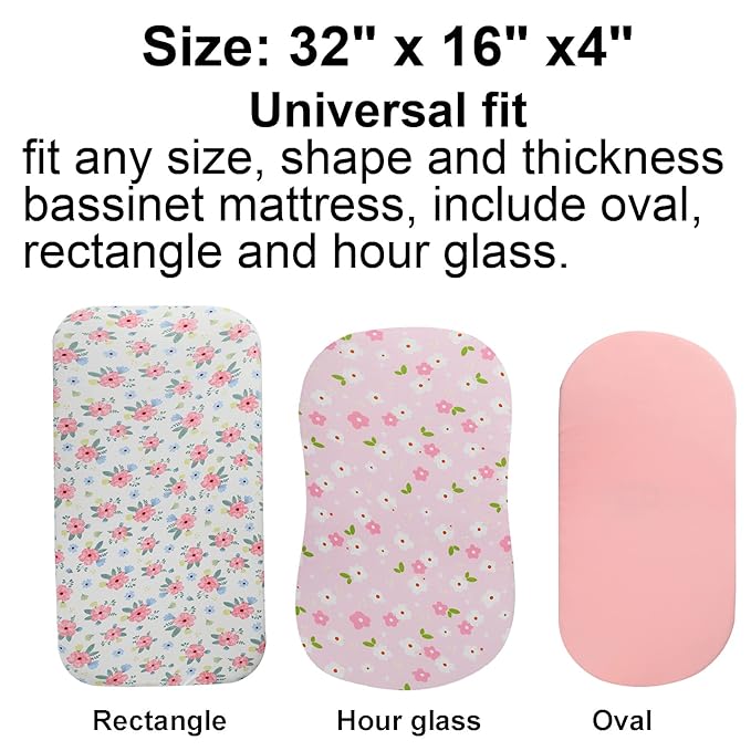 Onacosht Bassinet Sheets Set 3 Pack for Baby Girl, Stretchy Soft Jersey Knitted Fitted Sheet Universal for Oval Rectangle and Hourglass Bassinet Mattress, Pink Floral