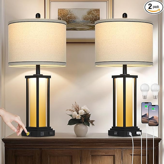 Cinkeda 27" Tall Vintage Table Lamp Set of 2 with USB C+A & Outlet,Farmhouse Nightstand Lamp for Living Room,Rustic Retro Bedside Lamps with Red-Orange Glass Night Light for Bedroom Entryway,Black-2