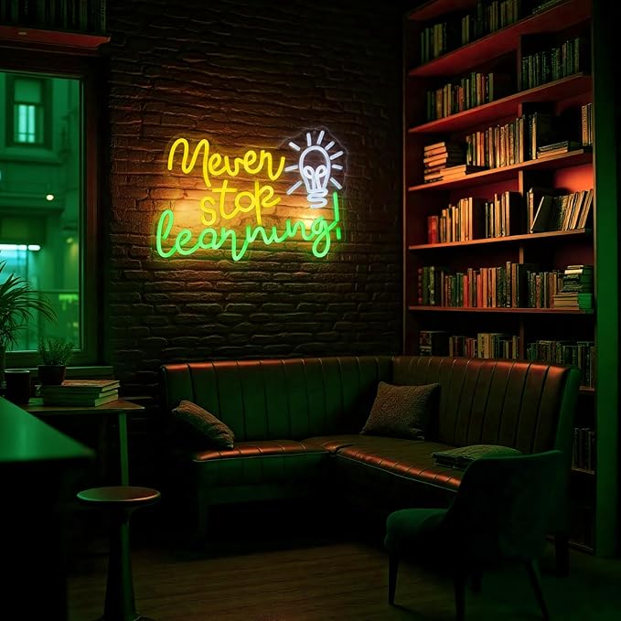 Never Stop Learning Neon Sign Letters neon signs for Wall Decor Dimmable 5V USB Powered Classroom LED Light Sign for Study Office Decoration Education Gifts.(16.5x11.8in)(Yellow, Green, Cool White)