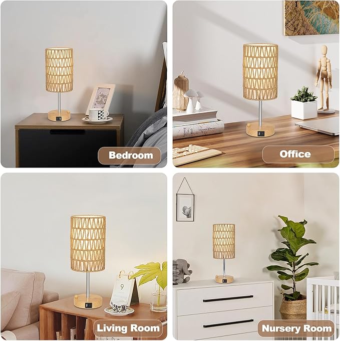 Eayaya Bedside Lamps Set of 2 with Bulb, Touch Control Nightstand Lamp for Bedroom with Rattan & Linen Shade, 3 Way Dimmable Small Boho Table Lamps with USB Charging Port & Phone Stand