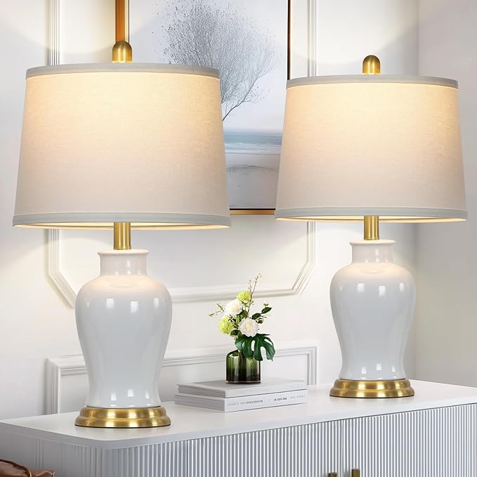 LUXEFLOW White Ceramic Table Lamps Set of 2, 23" Modern Ceramic Bedside Lamps with Ginger Jar Design, Farmhouse Lamp for Living Room End Table, Elegant Bedroom Lamp for Nightstand Desk Side Home Decor