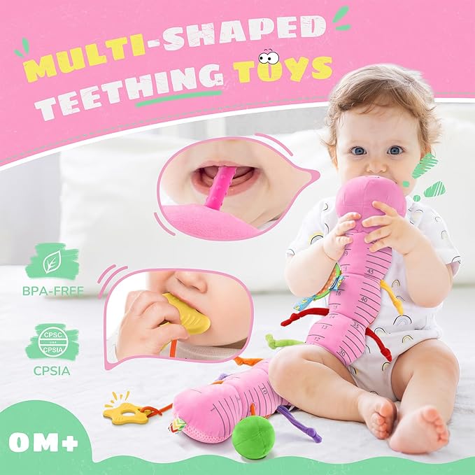 Baby Toys 6-12 Months Music Caterpillar,Stuffed Animals Infant Toys 0-3-6 Months,Teething Sensory Toys Tummy Time with Mirror Crinkle Rattle&Pull String for Boys Girls Gifts Birthday|Pink