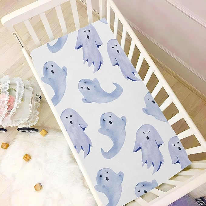 Halloween Fall Blue Ghost Crib Sheets Soft Breathable Fitted Baby Crib Sheets Mattress Cover for Girl Boys, 52" x 28" x 9"