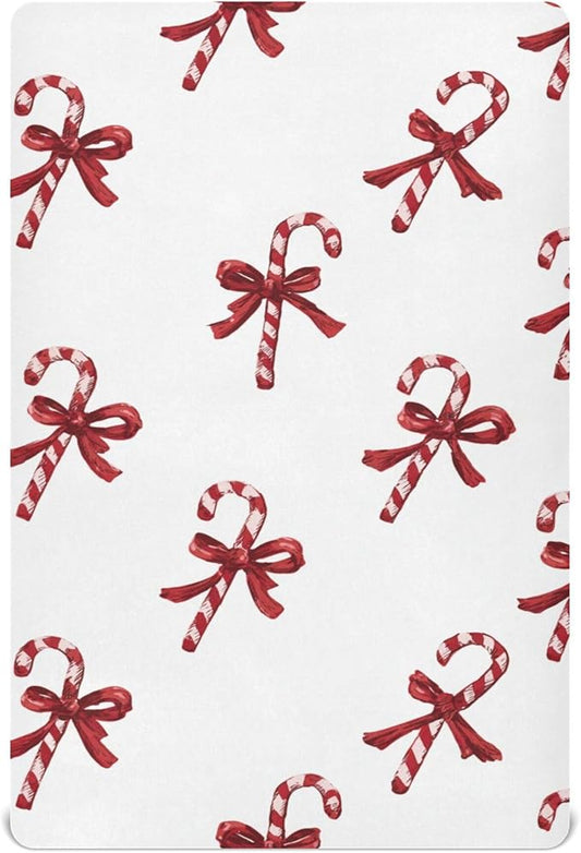 Christmas Bows Candy Cane Crib Sheets Soft Breathable Fitted Baby Crib Sheets Mattress Cover for Girls Boys, 52" x 28" x 9"