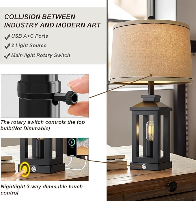 G-SAFAVA 23.75" Retro Farmhouse Black Table Lamp for Living Room Bedroom Nightstand Set of 2 Touch Control Bedside Nightlight Vintage Modern Lamp with USB C+A Ports and 2 Light Sources