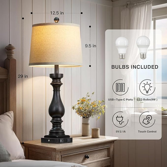 luxeflow 29" Tall Vintage Table Lamps Set of 2,Black Farmhouse Bedside Lamps with USB C+A Ports & AC Outlet,3-Way Dimmable Touch Lamp for Night Stands Living Room Bedroom,Black