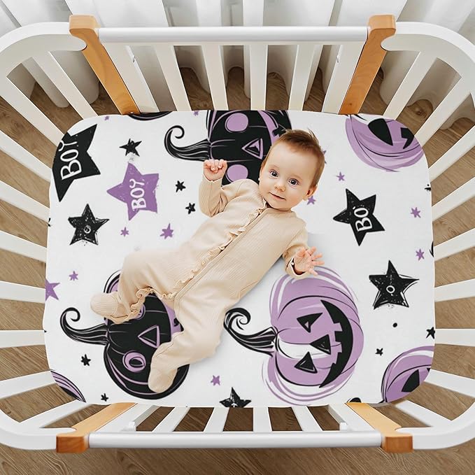 Halloween Spooky Pumpkins Purple Crib Sheets Standard Crib Toddler Mattresses Cover Fitted Baby Bed Sheet Breathable Crib Mattress Sheet for Girls Boys 52" x 28"x5''