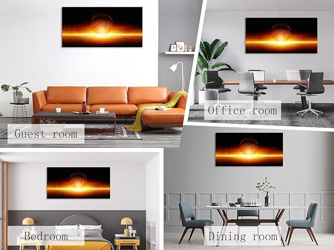 KUNHAAH Wall Art Canvas Painting Abstract Sports Background 1 Piece Basketball Bright Spotlight from Glowing Horizon Picture Poster Print Framed and Stretched Ready to Hang for Living Room Bedroom