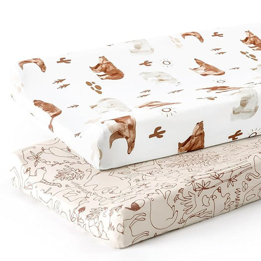 GRSSDER Stretchy Ultra Soft Jersey Knit Changing Pad Cover Set 2 Pack, Change Table Pad Covers Fit 32"/34" x 16" Pads Safe and Snug, Cute Diaper Changing Pad Covers of Sunny Bear Print