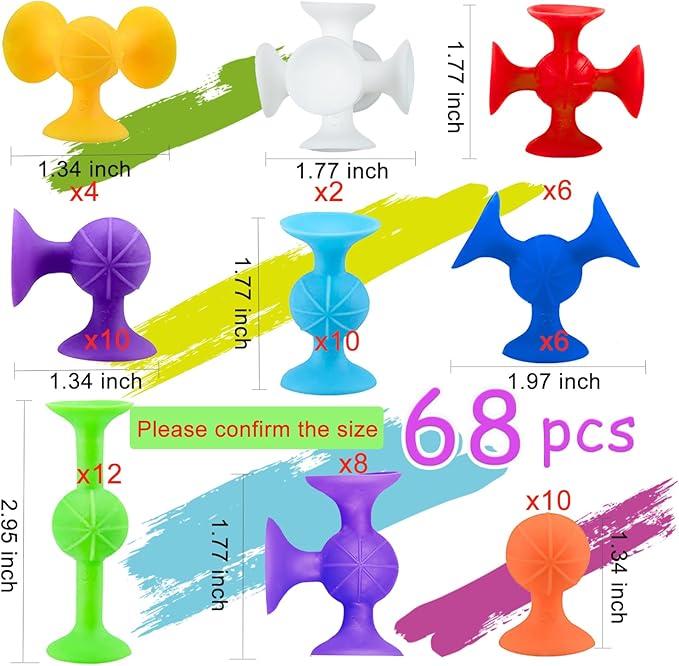 68 Piece Suction Cup Toys Bath Toys, Construction Set Silicone Building Blocks Stocking Stuffers DIY Blocks Sucker Toy Bathtub Toys, Sensory Toy for Toddlers 3-8 Year Old Boys Girls