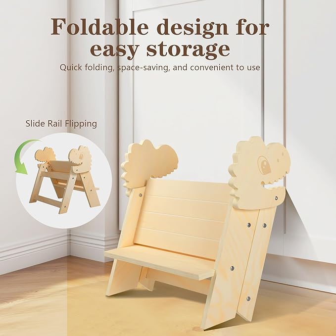 TinyHaven Wooden Toddler Step Stool, 2-Step Foldable Stool for Kids with Non-Slip Surface, Baby Bathroom Stool for Potty Training, Bathroom Sink, Kitchen Counter with Cute Dinosaur Design, Natural