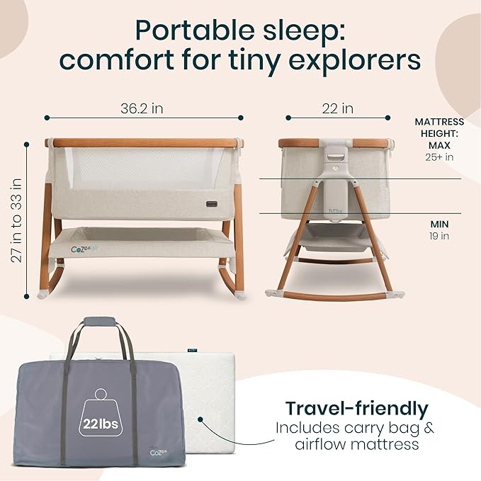 Tutti Bambini CoZee® Air Baby Bassinet & Bedside Sleeper - Rocking Bassinet for Baby, Fast-Folding with Travel Bag, Deluxe Airflow Mattress & 6 Mattress Heights, 0-6 Months (Walnut & Ecru)