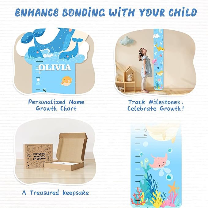 Woodemon Personalized Name Growth Chart, Marine Animals Wooden Growth Chart for Kids, Height Chart for Boys Girls, Measuring Board for Kids Height for Child's Room, Nursery Decor Decoration