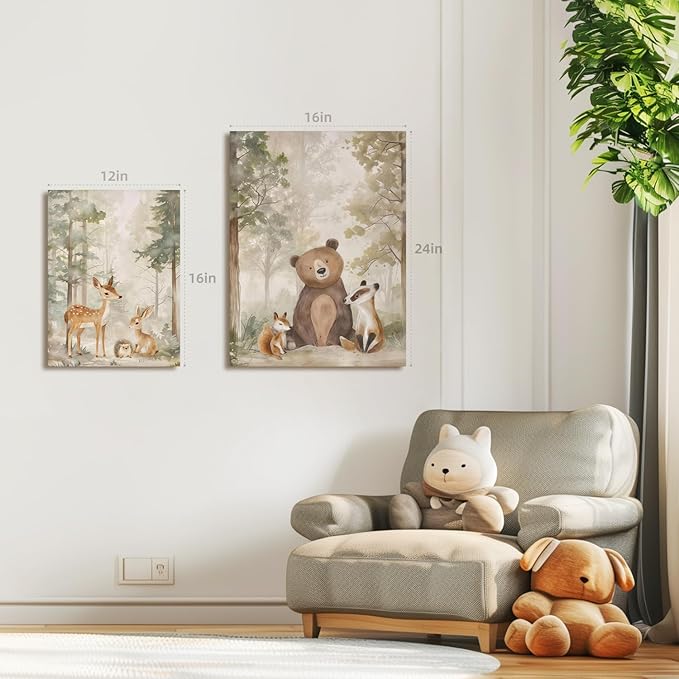 LLEEMPI Framed Woodland Nursery Wall Decor Set of 3, Cute Forest Animal Wall Art, Bear Fox Deer Watercolor Canvas Prints, Vintage Nature Poster Prints for Kids Bedroom Bathroom Playroom 16x24 Inch