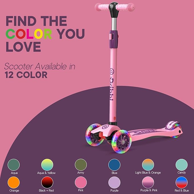 Dribbl 3-Wheel Kids Scooter - Lean-to-Steer Technology, Adjustable Height Handlebar, Wide Deck, Scooter for Boys & Girls Ages 3+, Child Safety Approved, Support Riders Up to 165 lbs, Purple and Pink