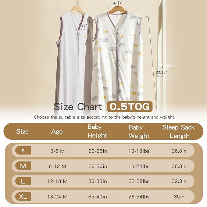 TILLYOU 2 Pack Baby Sleep Sack 12-18 Months 100% Cotton Wearable Blanket 0.5 TOG Sleeveless Summer Sleep Sacks with 2-Way Zipper, Gray Crown