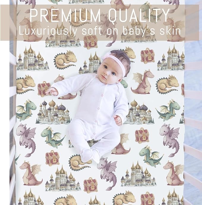 Fairytale Dragons Baby Crib Sheets for Boy Girl Fantasy Dragon Castle Treasures Soft Snug Fitted Crib Mattress Covers for 52''x28'' Standard Crib & Toddler Mattress Magical Animal Bed Sheets