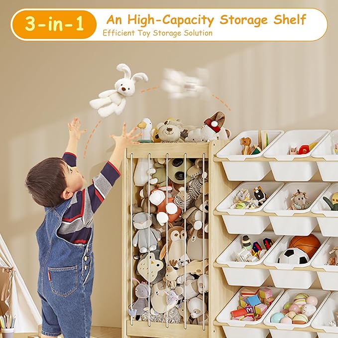 EXPERLAM Toy and Stuffed Animal Storage, 12-Bin Toy Shelf with Double-Sided Stuffed Animal Holder & Thicker Elastic Ropes, Space-Saving Solid Wood Toy Organizer for Playroom, Nursery, Bedroom, White