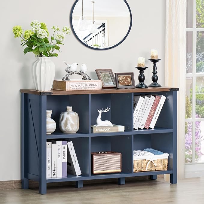Joaxswe 6 Cube Bookcase, Farmhouse Wood Low Storage Organizer Book Shelf, 47" Horizontal Navy Blue Console Bookshelf with Legs, Hallway Book Case for Entryway, Display Cabinet for Living Room, Office