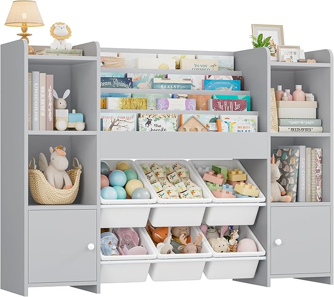 FINETONES Toy Storage Organizer with 6 Toy Bins, Toy Organizer Kids Bookshelf with 6 Cubbies, Toy Organizers and Storage Bins Playroom Storage for Kids Room, Grey