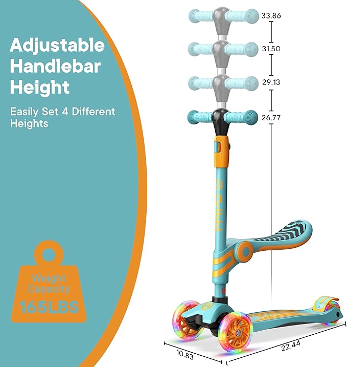 Aqua Orange 3 Wheel Scooter with Seat for Kids, Light-Up Wheels, Adjustable Lean to Steer Handlebar and Seat, Smooth Wheels, Wide No-Slip Deck, Rear Foot Brake, Toddler Outdoor Toys for Ages 2+