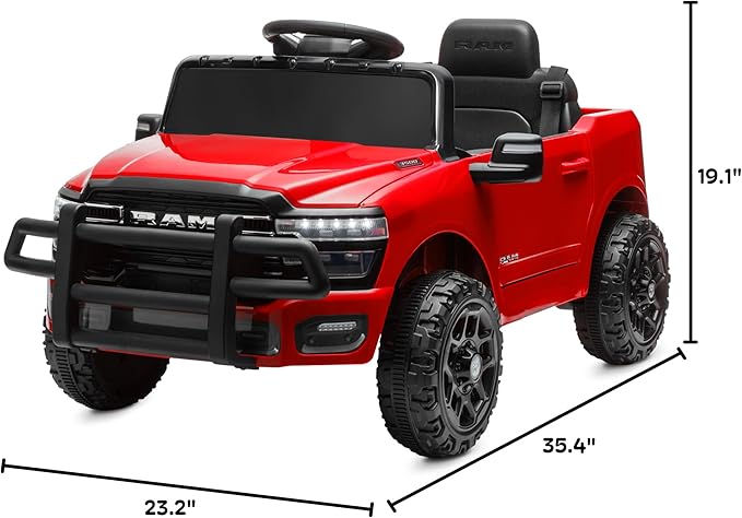 Kidzone Ride On Truck for Kids, Licensed RAM 3500 12V Battery Powered Electric Car Toy with Remote Control, LED Lights, Bluetooth Music & Rear Suspension - Red