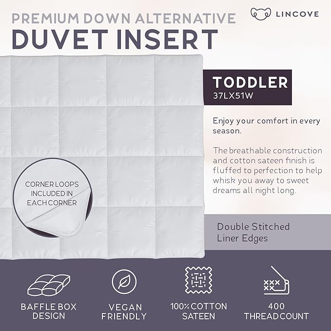 Down Alternative Comforter for Toddlers – Corner Loops in Each Corner, 400 Thread Count 100% Cotton Sateen Shell, Soft and Plush Feel, Size: 37”x51”