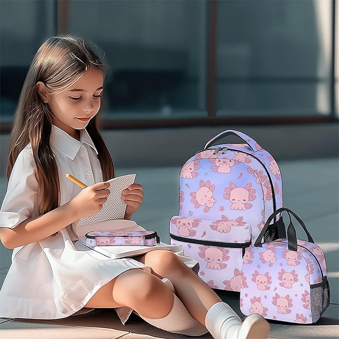 COZYAURA Backpacks for Girls - 3Pcs Cute Bookbag for Kids - Axolotl School Bag for Girls - Kids Backpacks with Lunch Box Pencil Case Set