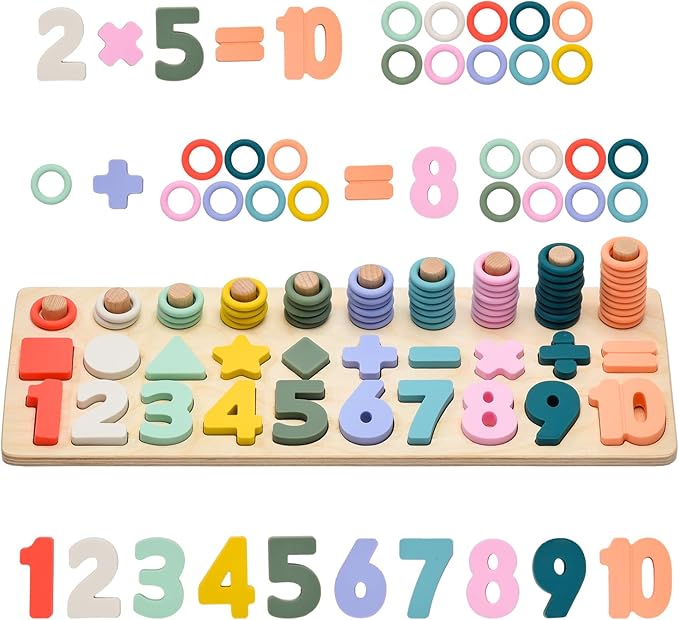 Silicone Montessori Number Puzzle Toys for Toddlers, Counting & Shape Sorting Educational Toy for 3 4 5 Year Old Boys Girls, Preschool Math Learning Board Gift, Colorful Silicone Stacking Toy