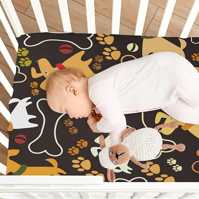 ATTX Fitted Crib Sheet Cute Cartoon Dog Paw Bone Baby Sheets for Standard Crib Toddler Mattress Cover, Soft Microfiber Breathable Mattress Cover,27" x 39" x 5"
