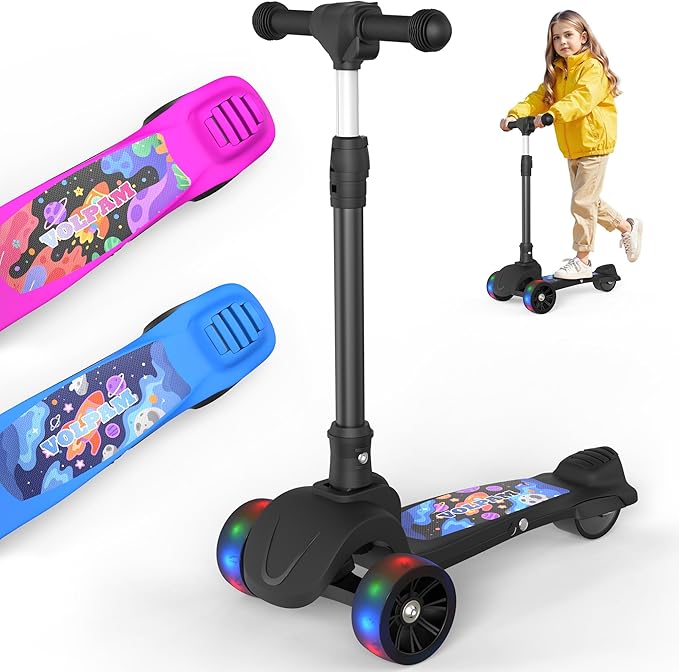 VOLPAM C001 Electric Scooter for Kids, 80W Motor, Max Safe Speed 5MPH, 3 Adjustable Height, Lean-to-Steer, 3.5" Lighted Up Wheel, Foldable Scooter for Boys & Girls, Max Load 110lbs