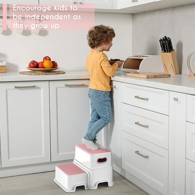 Victostar 2 Step Stool for Kids, Anti-Slip Sturdy Toddler Two Step Stool for Toilet Potty Training, Bathroom,Kitchen (Pink)