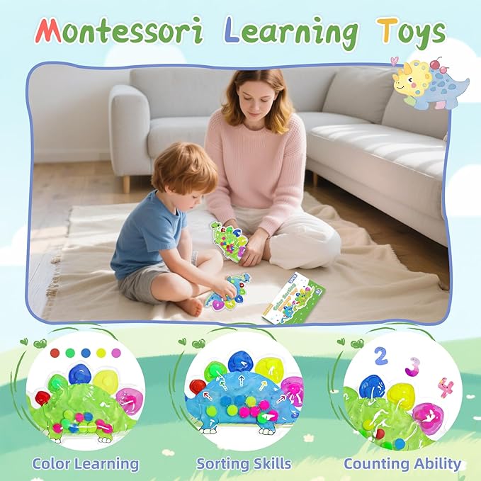 Christmas Stocking Stuffers 2pcs Dinosaur Color Sorting Sensory Toys, Toddler Preschool Learning Activities Fine Motor Travel Autism Quiet Fidget Toys for Classroom, Gifts for Kids 3 4 5 Year Old