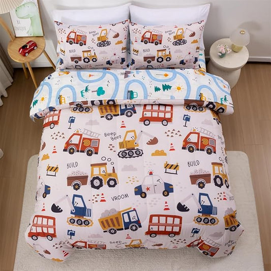 NTBED 5 Pieces Construction Twin Comforter Set for Boys Kids Fire Truck Vehicles Excavator Lightweight Microfiber Bedding Sets