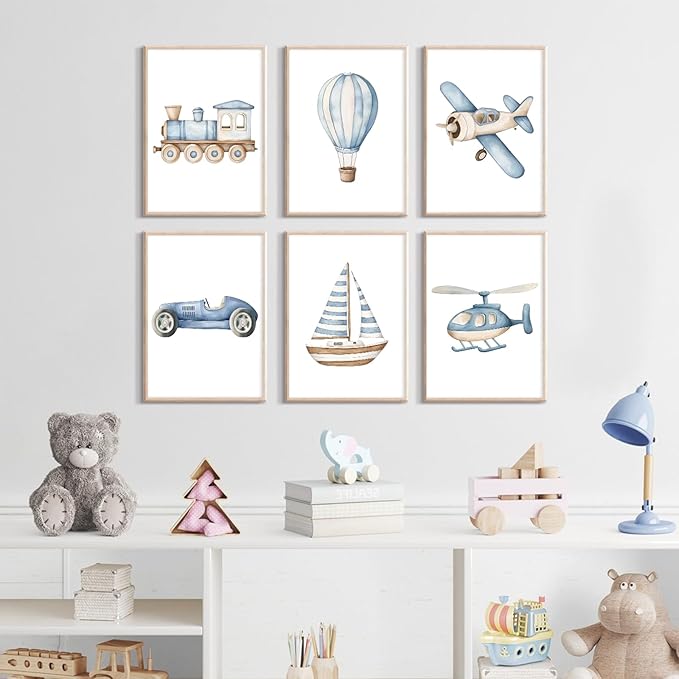 Lhoiplme Baby Boy Nursery Wall Art Transportation Blue Car Canvas Prints Vintage Toddler Vehicle Pictures Decor Hot Air Balloon Airplane Nursery Poster for Kids Boys Room Bedroom 8x10x6 Inch Unframed