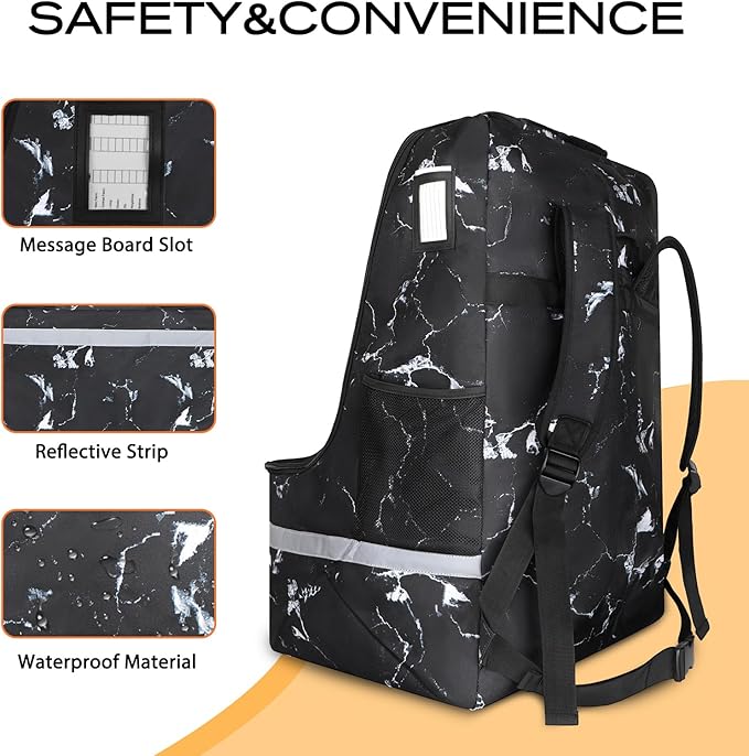 LARIPOP Car Seat Travel Bag for Airplane,Infant Seat Travel Bag with Shoulder Strap,Padded Car Seats Backpack with Reflective Stripes,Large Carseat Carrier Bag Travel Car Seat Cover, Black marble