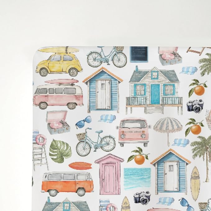 Watercolor Summer Travel Baby Crib Sheets Boy Girl 52x28Inch Boho Hippie Beach House Surfboard Palm Car Soft Snug Fitted Crib Mattress Cover Beach Days Baby Sheet for Standard Crib & Toddler Mattress