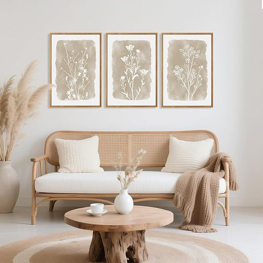 CHDITB Botanical Farmhouse Wall Art Set, Framed Boho Plant Wall Decor, Neutral Minimalist Floral Wall Painting, Rustic Wildflower Canvas Art Prints for Living Room, Bedroom, Bathroom - Large 16"x24"x3