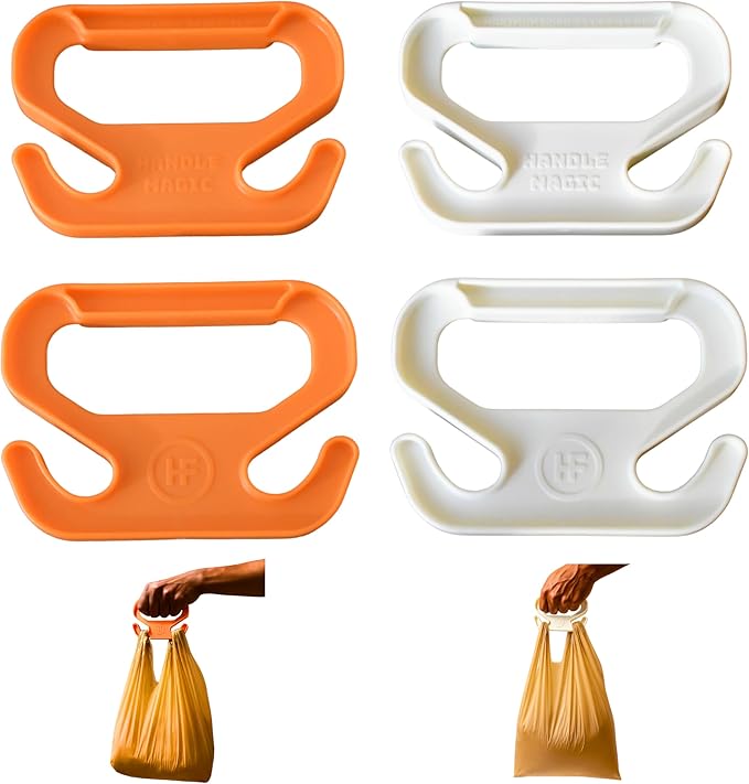 Handle Magic (4 Units) Bag Carriers | Ergonomic Grip and Bag Holder | Pocket Size | Lightweight & Comfortable for Shopping & Travel - Made in USA (White Orange)