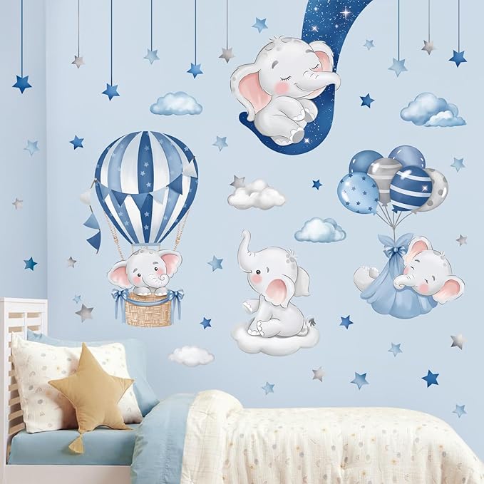 decalmile Blue Grey Sleeping Elephant Wall Decals Hot Air Balloon Moon Clouds Stars Wall Stickers Baby Nursery Kids Bedroom Daycare Wall Decor