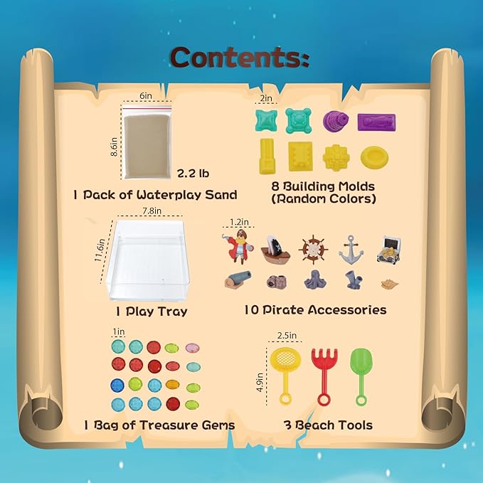 Waterplay & Sensory Sand Kit – 2.2lb Pirate Adventure Play Sand for Kids Ages 4+, Water & Sandbox Play with Molds, Gems & Tools, Mess-Free, Non-Toxic Sensory Bin Filler