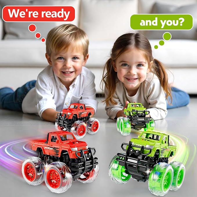 Monster Trucks Toys for Toddlers Boys: Light-up Wheels for Kids Age 2-4 Years Old,Toy Car for Kid Ages 3-5,Boy Cars to 3-6,Toy Truck for Toddler 1-3,Jam Birthday Gift for Children 1-3 (Red and Green)