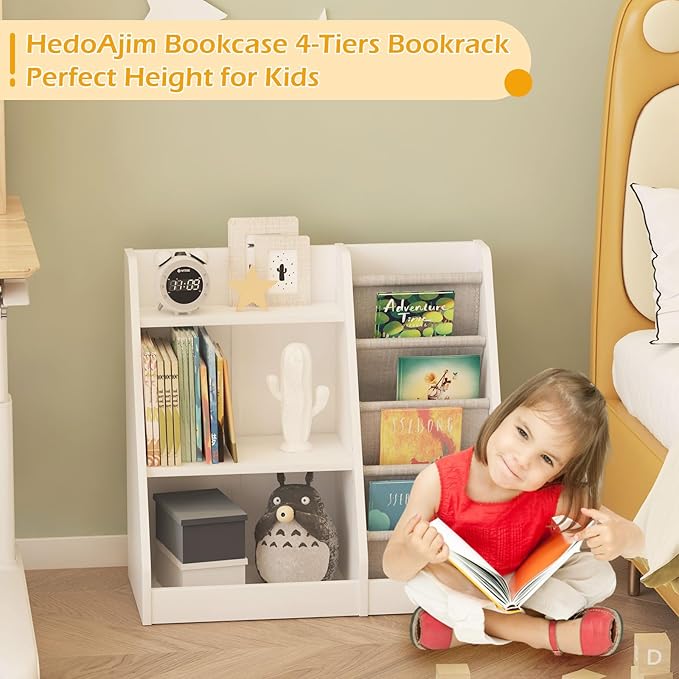HedoAjim White Kids Bookshelf Wood Toy Storage Organizer Cabinet Children Bookcase Toddler Baby Sling Book Rack Adjustable Shelf for Playroom Bedroom Nursery Hallway School Kindergarten