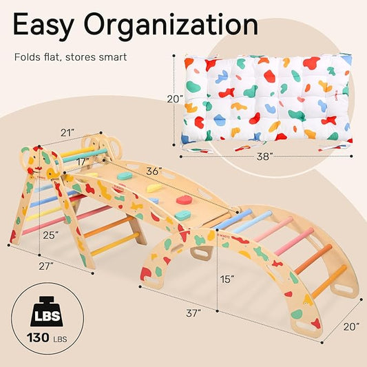wingyz Pikler Triangle Climbing Set with Cushion,Foldable 8 in 1 Jungle Gyms for Toddlers 1-3, Indoor Playground for Kids,Baby Montessori Climber Gift（Rainbow）