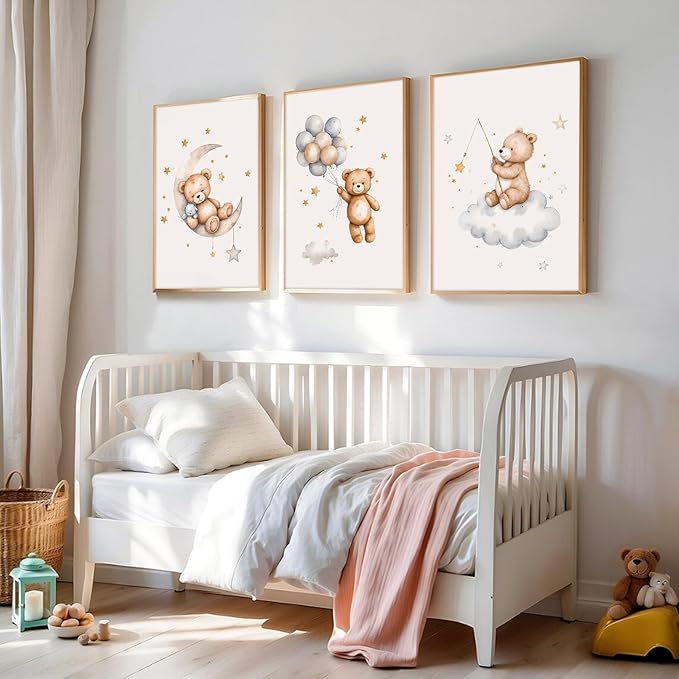 Baccone Teddy Bear Nursery Wall Art Decor Baby Boy Girl Room Poster Vintage Nursery Canvas Wall Decor Toddler Kids Room Pictures Cute Bear Neutral Artwork for Bedroom Playroom 12x16 Unframed Set of 3