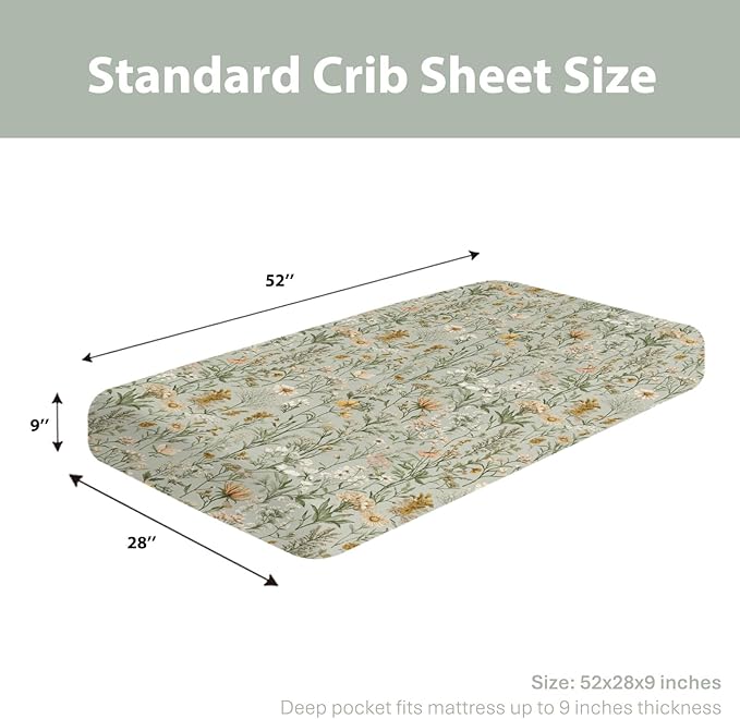 Vintage Wild Flowers Baby Crib Sheets for Boy Girl 52"x28" Retro Plant Soft Stretchy Fitted Crib Mattress Cover Spring Summer Baby Sheet for Standard Crib & Toddler Mattress Pad