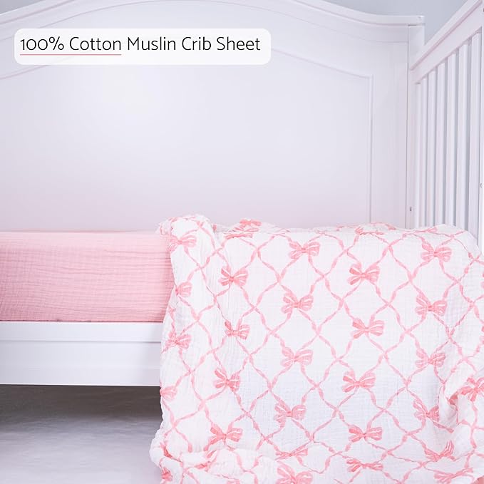 LollyBanks Muslin Crib Sheets 2 Pack, Soft and Breathable 100% Cotton Crib Fitted Sheets for Girls, Cozy and Snug Baby Sheet for Standard 52"x28" Mattress, Registry (Pink Bow and Solid Pink)
